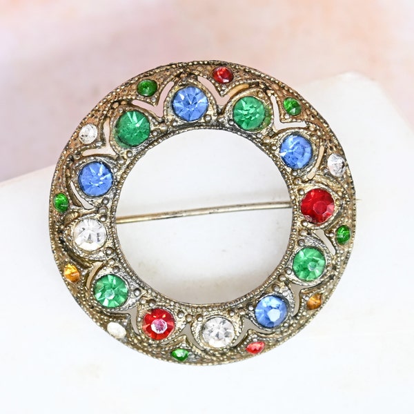 Vintage multicolor czech glass brooch red blue green stones potmetal C clasp circle pin jewelry unique jewelry brooch collector gift for her