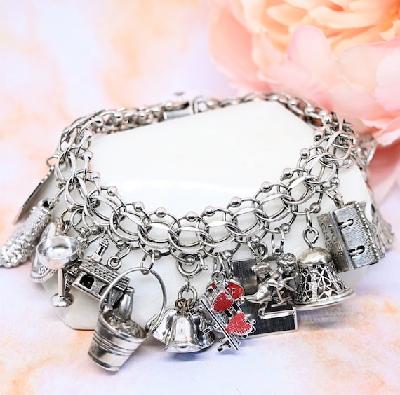 Vintage Charm Bracelet LOADED 24 Charms Sterling Silver Romantic