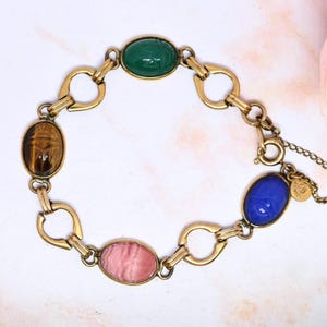 Vintage 12k Gold Filled Scarab Bracelet: Blue & Green Chalcedony, Tiger&#39;s Eye, Semiprecious stones