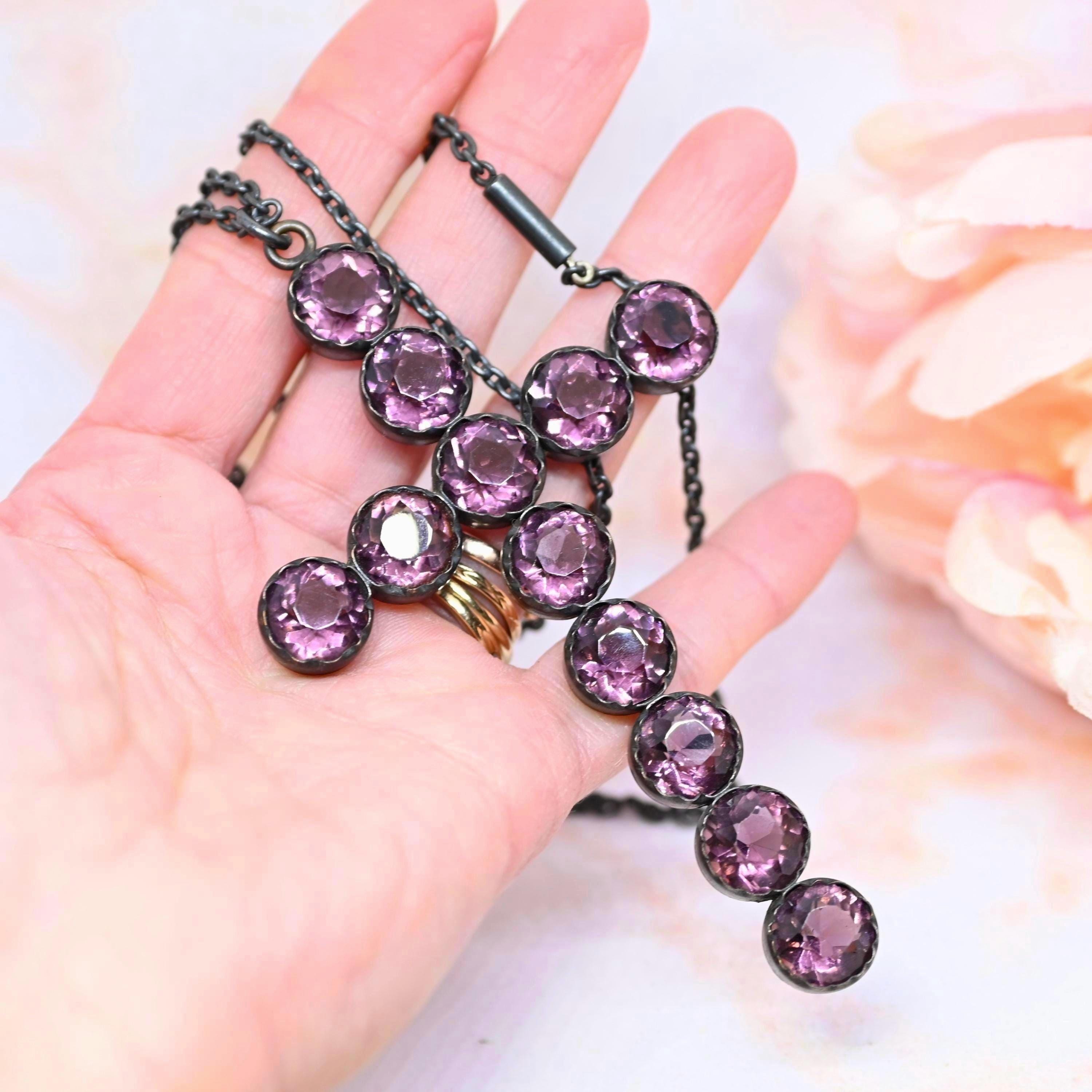 Huge Vintage Purple Cross Pendant Necklace, Czech Amethyst Paste