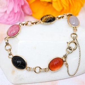 12k gold filled vintage scarab bracelet, 7.25&quot; semiprecious stones carnelian, onyx, chalcedony, rhodonite, tiger&#39;s eye