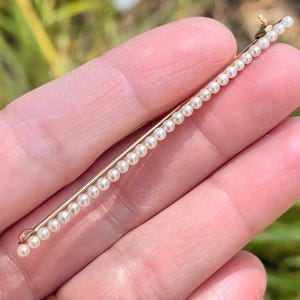 Antique Solid 14k Gold Bar Brooch, Pearl Edwardian Lace Pin, 585 jewelry