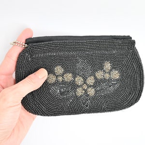 Black clutch glass seed bead floral evening bag art deco purse accessory black flower unique collectible hand bag vintage lover gift for her