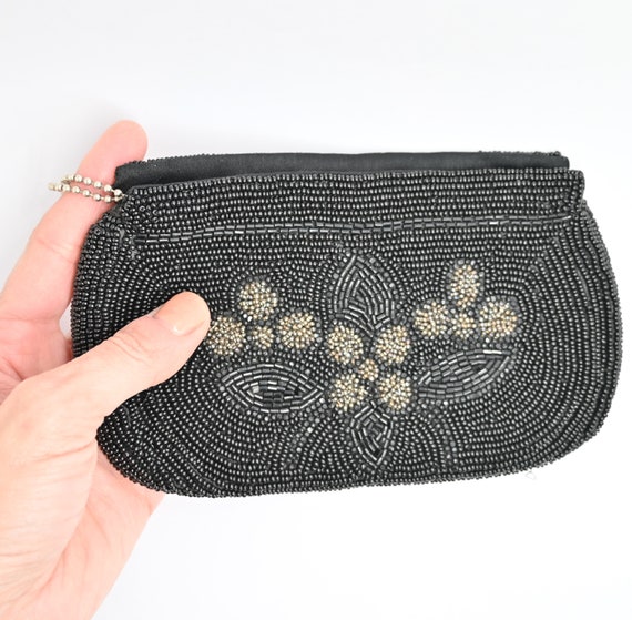 Black Clutch Glass Seed Bead Floral Evening Bag Art Deco Purse 