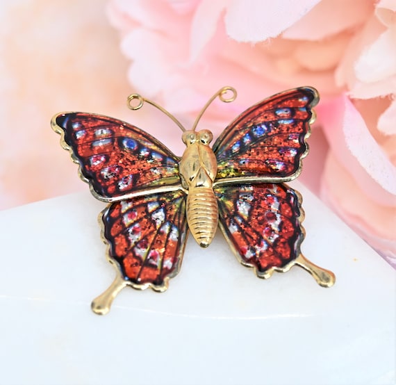 Vintage Colorful Butterfly Brooch Red Multi Colored Glitter