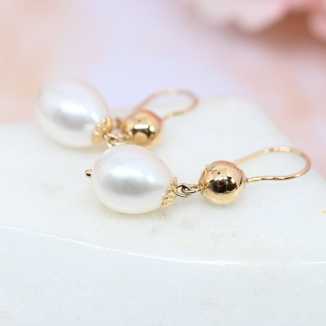 14k Gold Pearl Drop Earrings 1.25" Estate 585 Gold Ball Pearl Dangles — free download