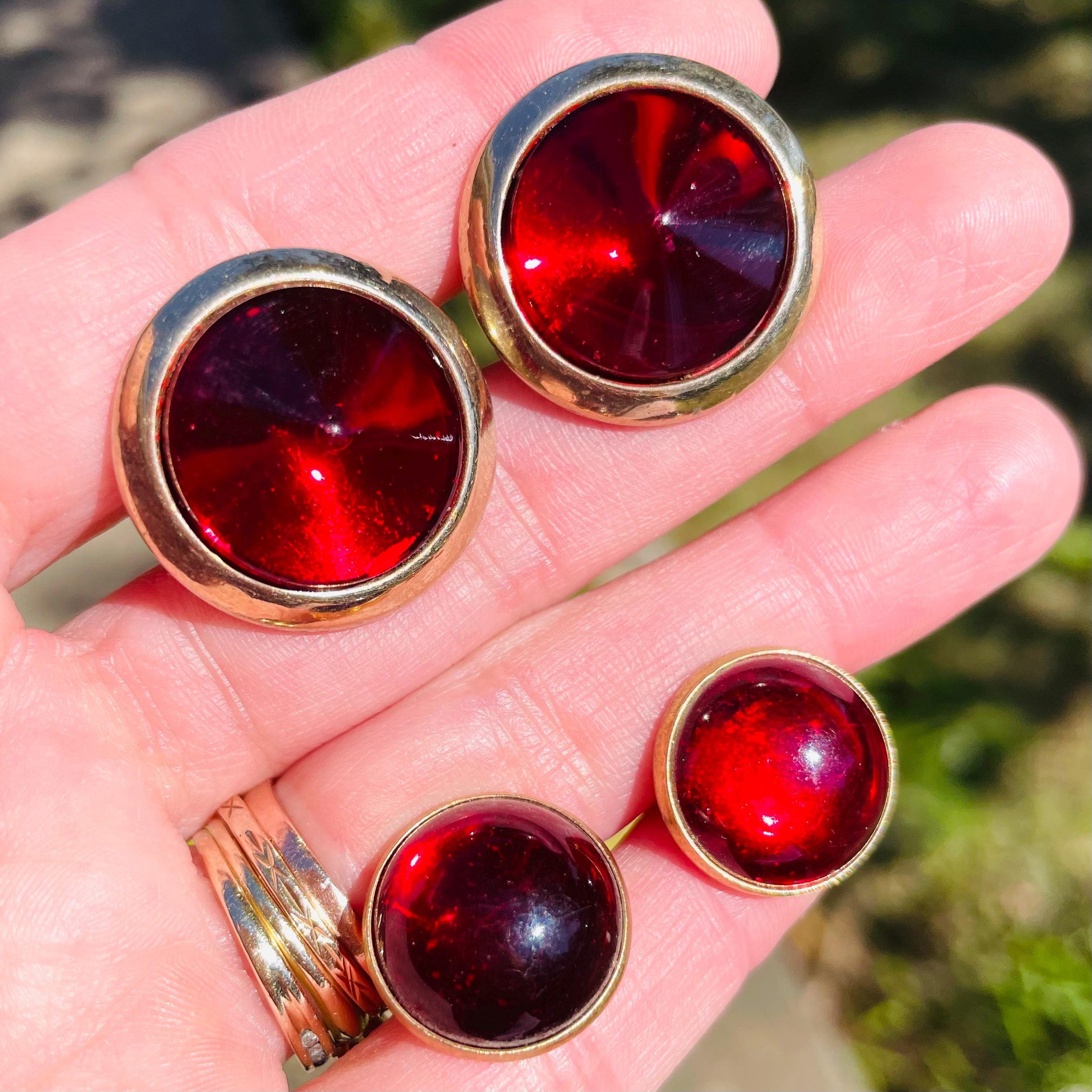 Boutons De Manchette Vintage Hickok En Pierre Cabochon Rouge - Occasion Pour Homme