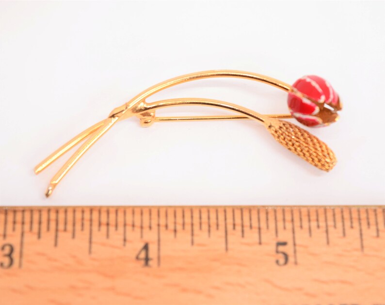 Vintage brooch lot Gold tone rose flower brooch Long stem Red rose Ladies lapel pin Gold tone costume jewelry craft lot gift for her