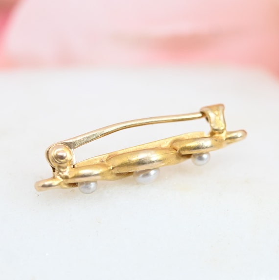 c1900 Art Nouveau bar pin 14k gold three pearl br… - image 5