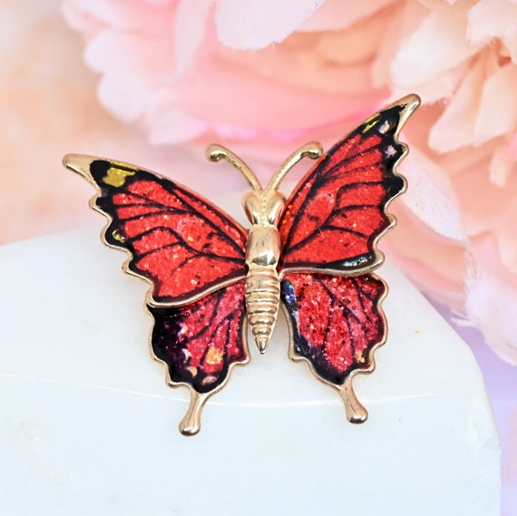 Vintage Red Butterfly Brooch Glitter Enamel Metal Lightweight Gold