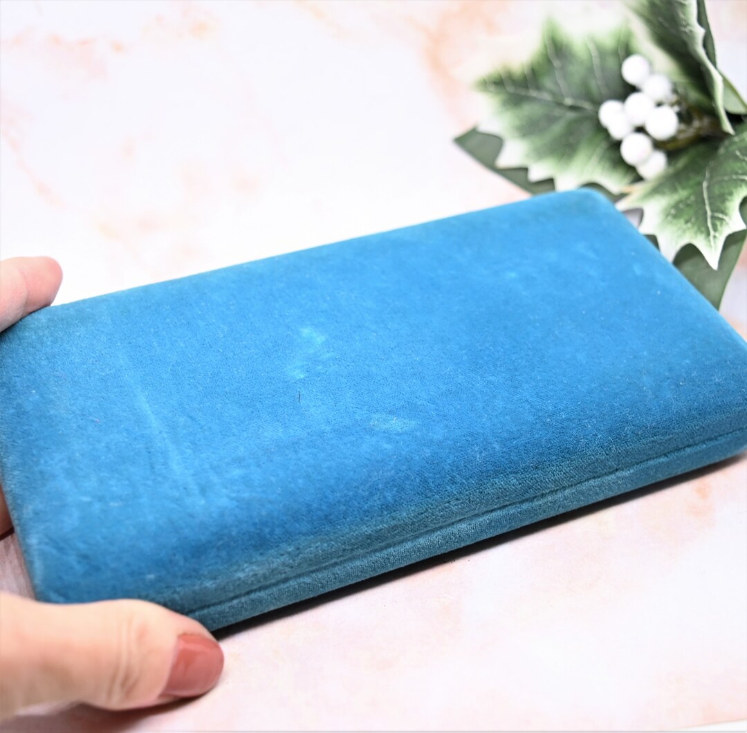 Vintage Turquoise Blue Velvet Jewelry Box Presentation Box Hinged Lid