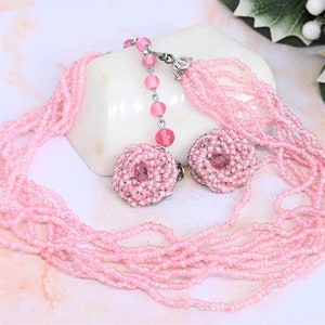 Vintage Japan Pink Seed Bead Torsade Necklace and Earring Set, 1950s Demi Parure