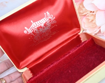 Vintage jewelry box off-white leatherette red satin red velvet trinket box hinged travel jewelry storage