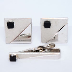 Vintage Swank cuff link tie clip set square silver tone onyx men&#39;s art deco style mid century mod jewelry Father&#39;s Day gift for him