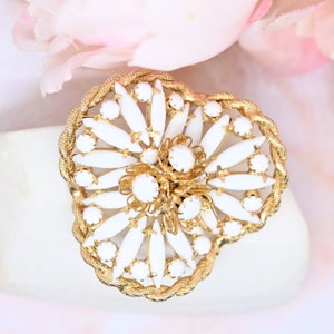 Vintage white milk glass brooch gold tone prong set stones flower pin statement brooch glass navette cabochons costume jewelry gift for her