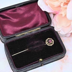 Antique leather jewelry box dark brown purple satin push button stick pin bar pin presentation box Victorian jewelry collector gift for her