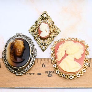 Vintage cameo brooch lot ornate faux cameo statement brooch pendant molded resin fancy frame 1980s costume jewelry bargain gift for her