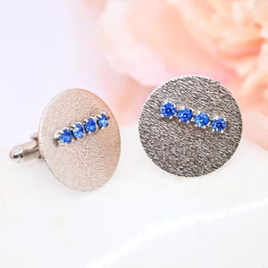Vintage blue stone cufflinks silver tone large circle cuff links midcentury mod men’s formal wear on trend accessory jewelry gift for him