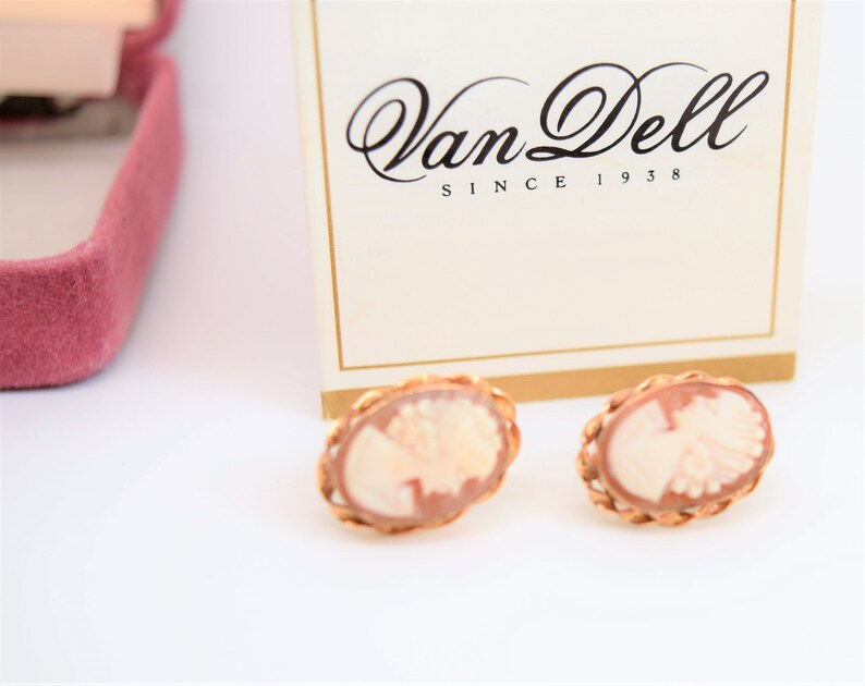 Vintage cameo earrings gold Van Dell pierced bridal earrings gold cameo IOB 14k GF boxed jewelry Gift for her