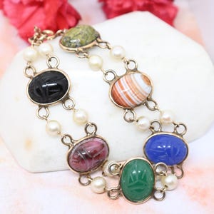 Vintage scarab bracelet with pearls 12k GF 7.5&quot; semiprecious stones sardonyx, green and blue chalcedony, rhodonite jewelry gift for her
