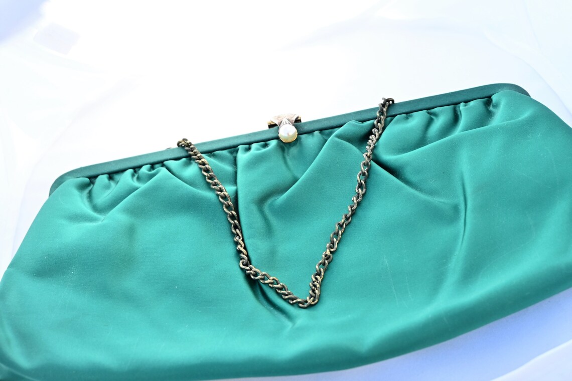 Green satin clutch hand bag chain strap pearl clasp evening | Etsy