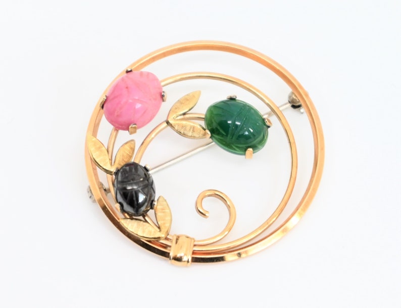 Scarab brooch by Krementz 14k gold overlay circle pin 1940 1950s onyx jade signed vintage jewelry