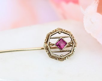 Antique 14k gold stick pin with ruby stick straight hat pin bezel set square cut corundum gemstone gold jewelry gift for her