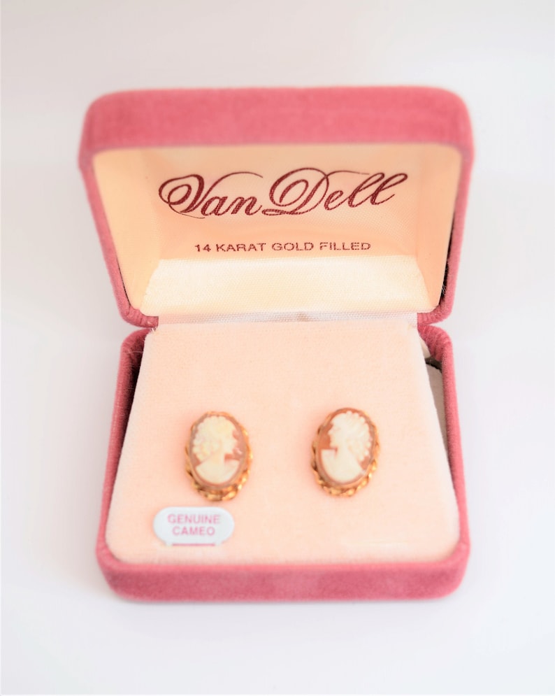 Vintage cameo earrings gold Van Dell pierced bridal earrings gold cameo IOB 14k GF boxed jewelry Gift for her