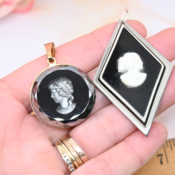 Vintage black cameo pendant lot faux cameo jewelry black intaglio pendants Gothic jewelry statement pendant costume jewelry gift for her