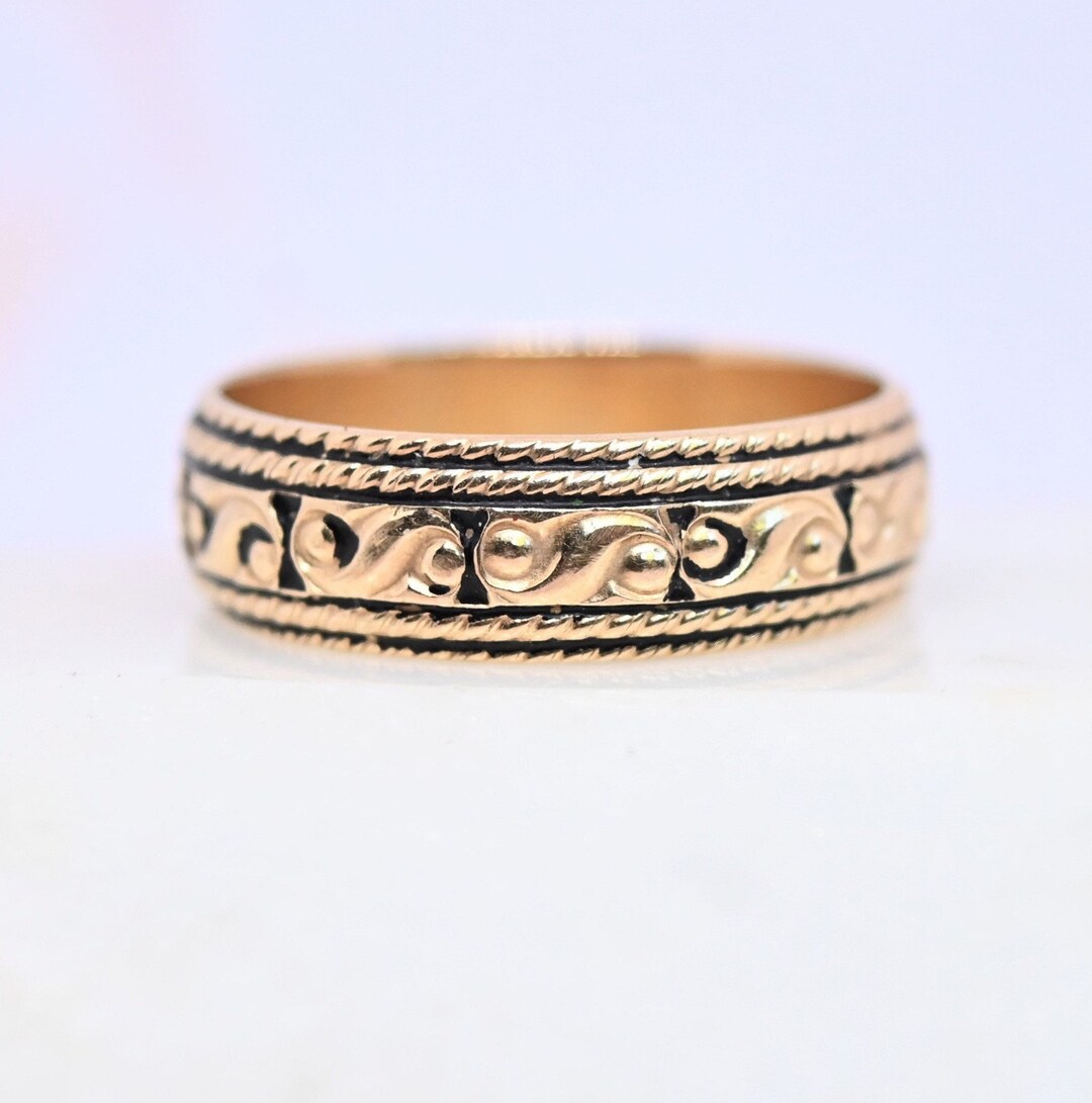 Vintage 14k Gold Eternity Band With Black Enamel Size 8 Patterned 