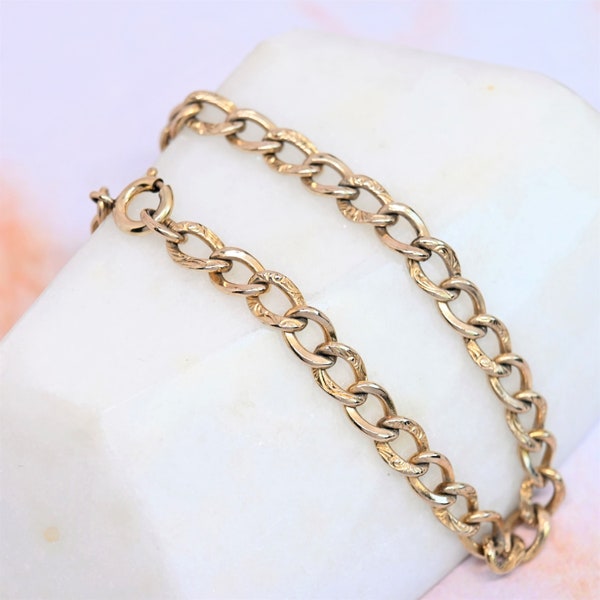 Vintage gold link bracelet 12k gold filled 7.75 inch fancy curb link charm bracelet retro era jewelry gift for her