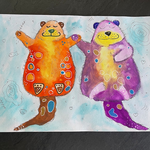 Aquarell auf Aquarellpapier Original verliebte Otter Malerei A4