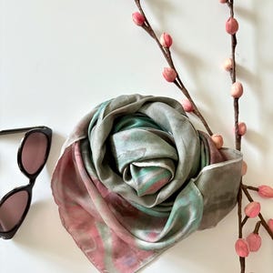 Hand-Marbled Mulberry Silk Scarf: Turquoise, Pink & Gray - 35&quot; Square