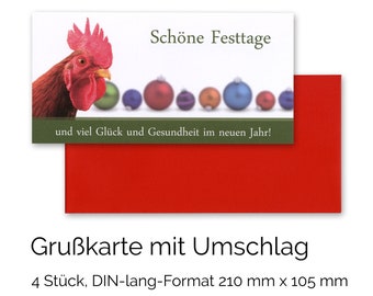 Grußkarten SCHÖNE FESTTAGE, Motiv Hahn vor Weihnachtskugeln, Set inkl. Briefumschläge (4 Stück)