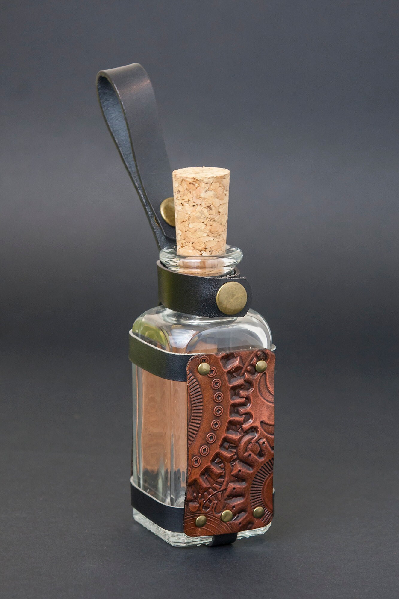 Potion Bottle with Leather Holder Steampunk design. Flask Etsy