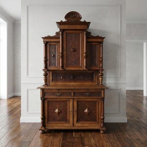 Könnte beinhalten: Ein großer, verzierter Holzschrank mit aufwendigen Schnitzereien und einer dunkelbraunen Oberfläche. Der Schrank verfügt über mehrere Türen, Schubladen und dekorative Elemente, die ein klassisches, antikes Design zeigen. Der Schrank steht vor einer neutralen Wand und einem Holzboden.