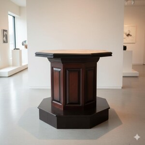 Op de afbeelding: Een donkerbruine, achthoekige sokkeltafel met een lichtgekleurd blad. De tafel heeft een decoratief, paneelontwerp aan de zijkanten en staat op een bijpassende achthoekige basis. De tafel staat in een galerij.