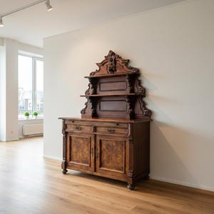 Op de afbeelding: Een antieke donkerhouten kast met sierlijke houtsnijwerken. De kast heeft twee lades, twee deuren en een decoratieve bovenkant met planken. De houtnerf is zichtbaar. De kast staat tegen een witte muur en een houten vloer.