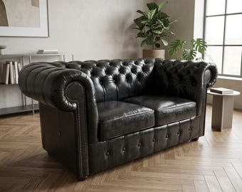 29475 Chesterfield Sofa Couch Leer Zwart 1,65 m