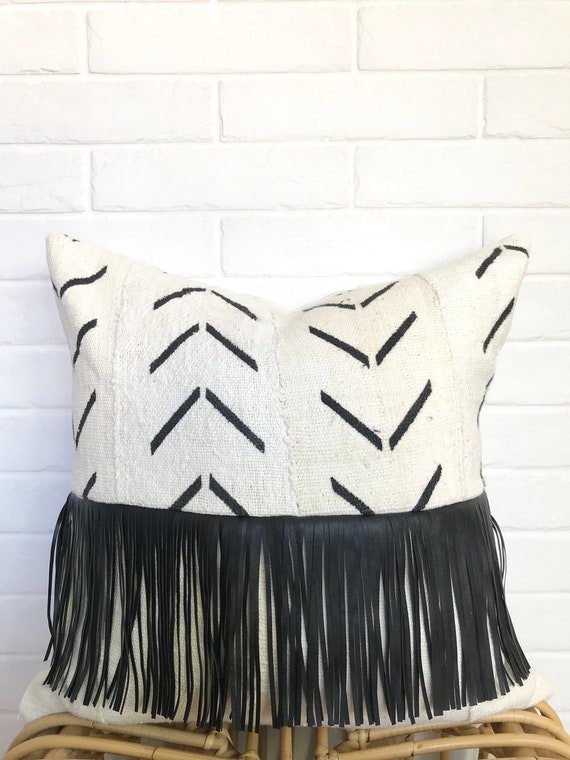 Leather Fringe White Mudcloth Pillow White Mudcloth Pillow Cover Tassel