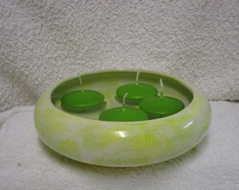 Keramikschale rund für Schwimmkerzen - Schale mit Füßen - Bonsaischale - weiß gelb grün - incl. Kerzen - flache Pflanzschale - Adventsschale