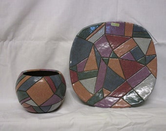 Set plate and vase handpotted - ceramic - mosaic - ceramic vase - ceramic plate - table decoration - flower vase - fruit plate - decorative plate