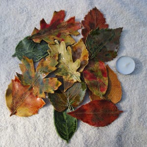 Puede incluir: Una colección de adornos de cerámica con forma de hoja en varios colores otoñales, incluyendo rojo, naranja, amarillo, marrón y verde, con texturas de venas detalladas y acabados brillantes, acompañados por una pequeña vela de té blanca.