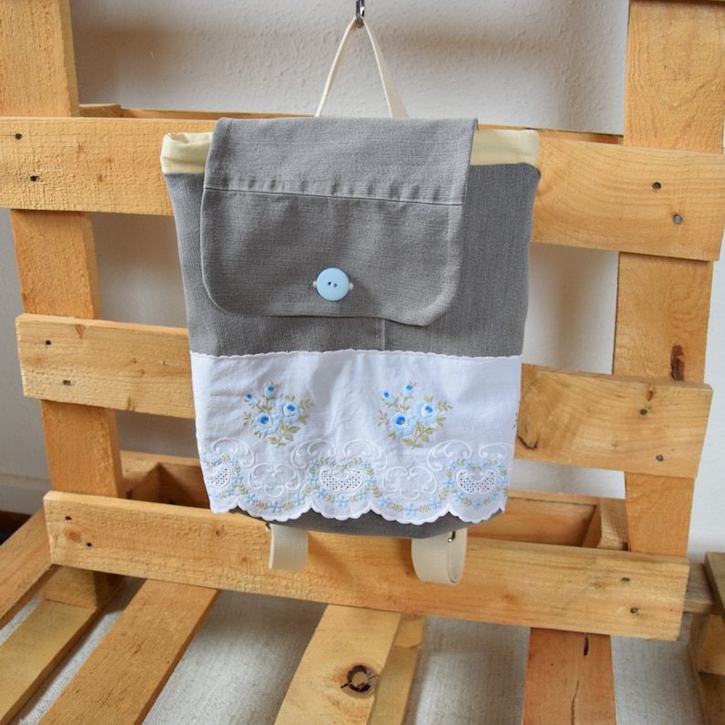 recycled handmade denim backpack grey backpack design with lace Small