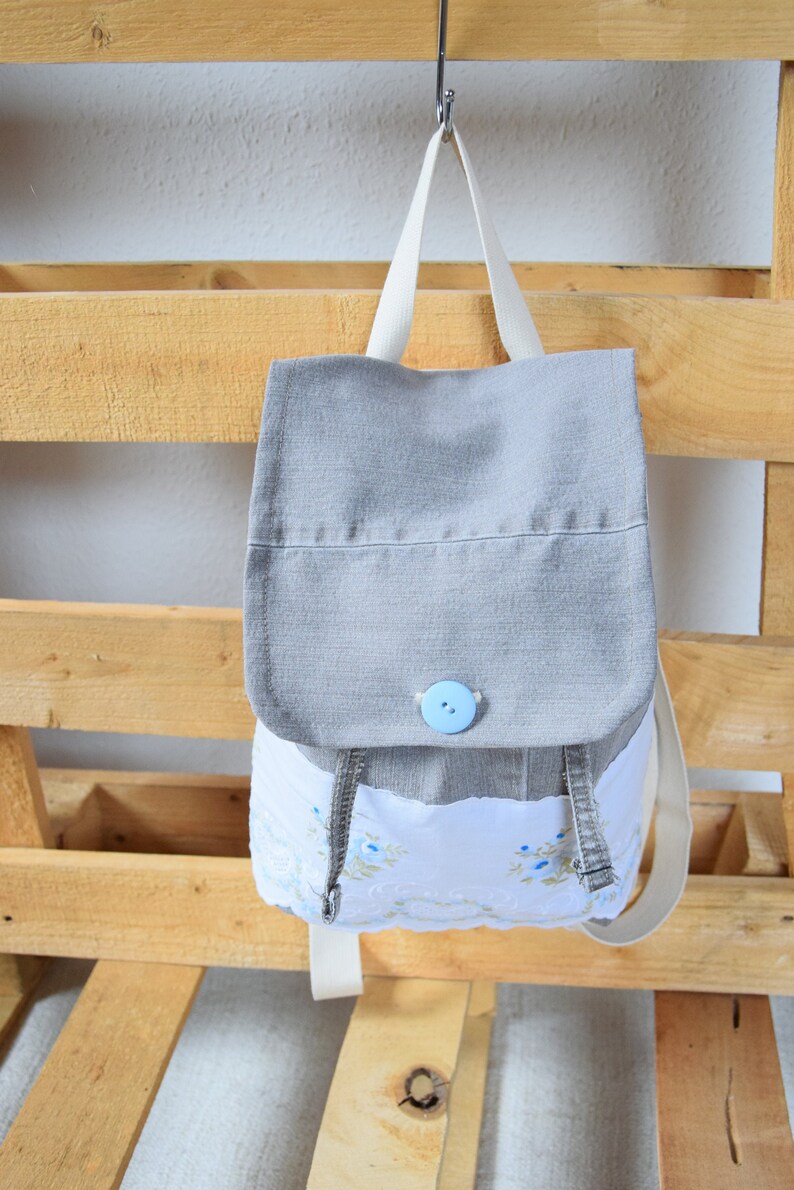 recycled handmade denim backpack grey backpack design with lace Small