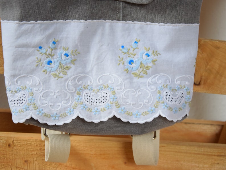 recycled handmade denim backpack grey backpack design with lace Small