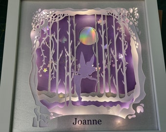 Personalised Tinkerbell inspired shadow box 3D light up frame set in 9 x 9in high quality frame. Boxed Christmas, birthday, Christening gift