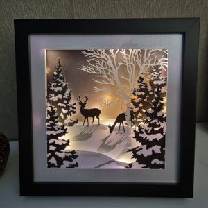 Woodland Deer in Moonlight 3D light up shadow box set in high quality 9 x 9in frame. Birthday, Christmas gift. Decorative winter snow scene