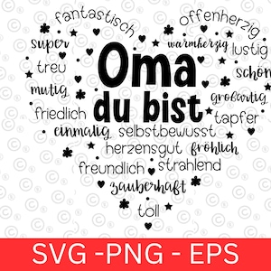 Puede incluir: Un diseño en forma de corazón en blanco y negro con la palabra "Oma" en el centro y rodeado de adjetivos positivos en alemán, incluyendo "fantastisch", "super", "treu", "mutig", "friedlich", "einmalig", "selbstbewusst", "herzensgut", "freundlich", "zauberhaft", "toll", "offenherzig", "warmherzig", "lustig", "schön", "großartig", "tapper" y "fröhlich".