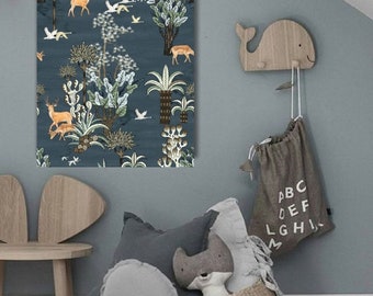 cute deer in forest poster, vintage wild animals, fairytale poster, dark nursery, navy blue baby room art wall, wall deco, modern boho